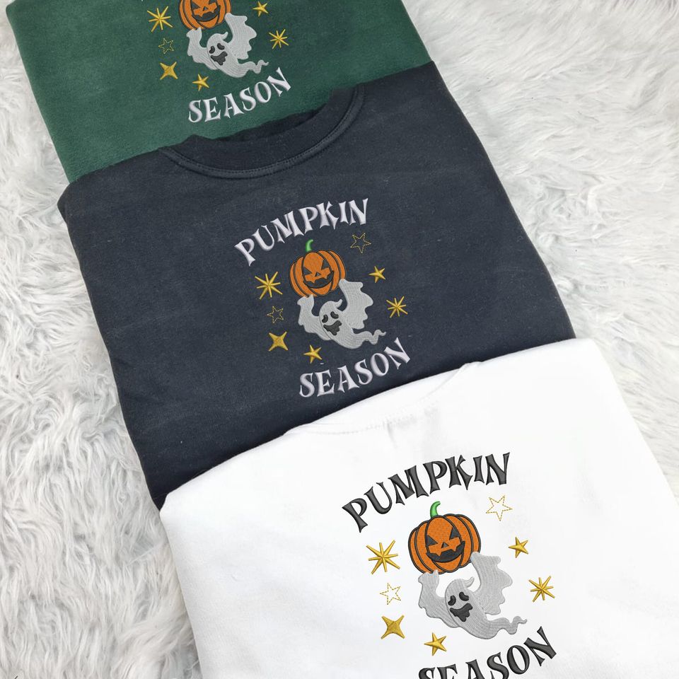Embroidered Pumpkin Season Sweatshirt, Winking Pumpkin Halloween Sweater