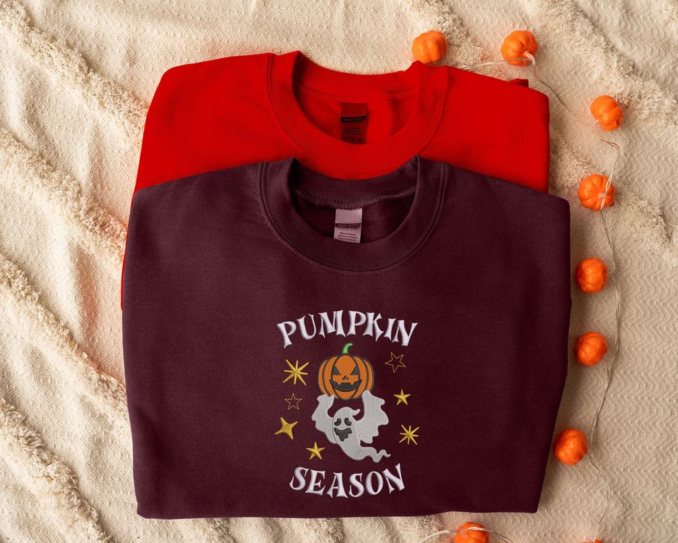 Embroidered Pumpkin Season Sweatshirt, Winking Pumpkin Halloween Sweater