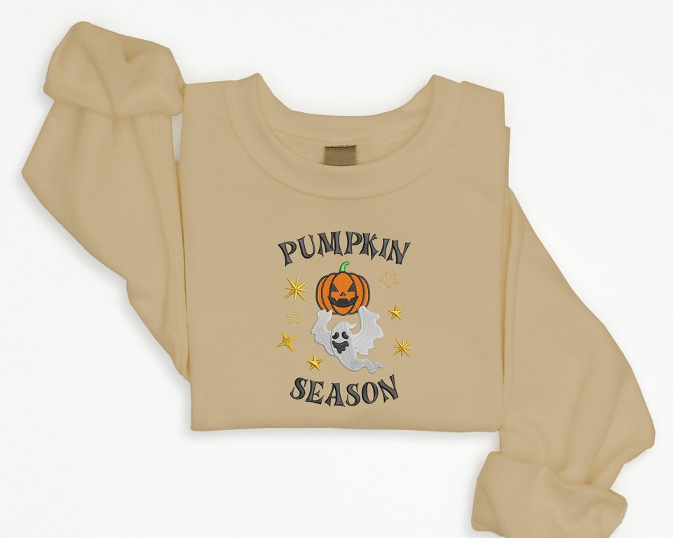 Embroidered Pumpkin Season Sweatshirt, Winking Pumpkin Halloween Sweater