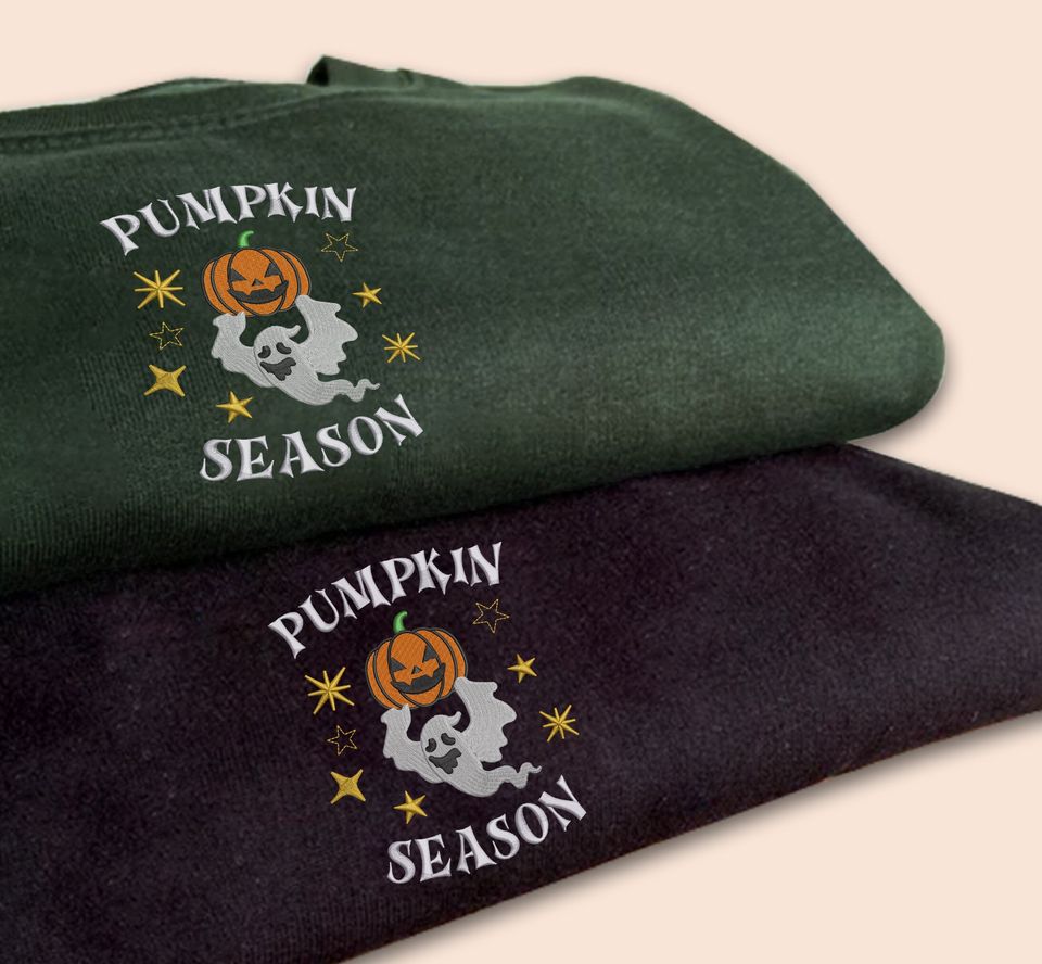 Embroidered Pumpkin Season Sweatshirt, Winking Pumpkin Halloween Sweater