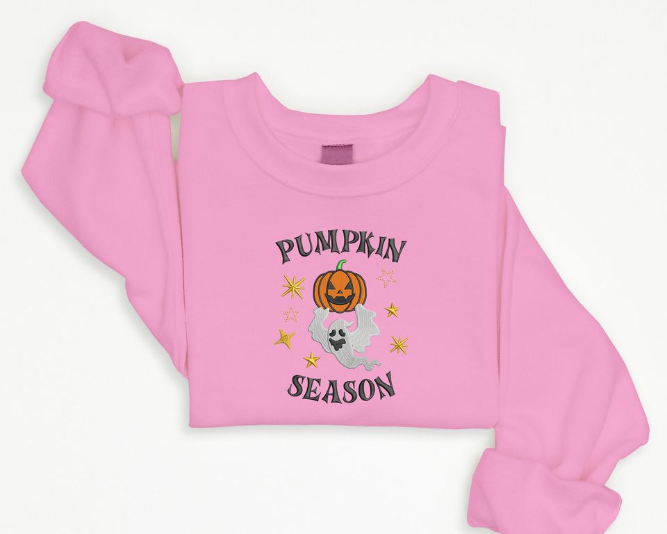 Embroidered Pumpkin Season Sweatshirt, Winking Pumpkin Halloween Sweater