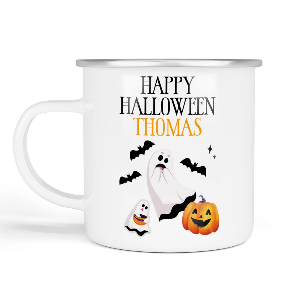 Personalised Halloween Ghost Enamel Mug, Happy Halloween Party Gift
