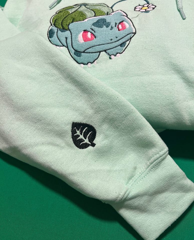 PKM Anime Bulbasaur Holding A Flower Embroidered hoodie