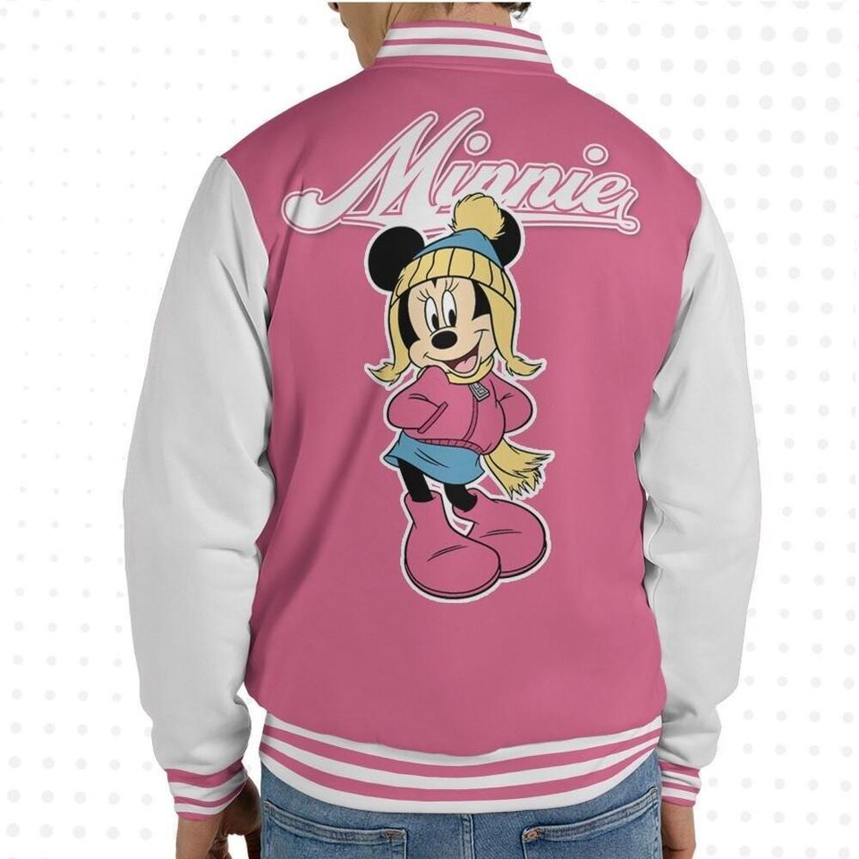 Custom Winter Minnie Basic Happy Jacket, Personalized Disney Varsity - Windproof Knit Fabric, Snap Button, Unisex Gift