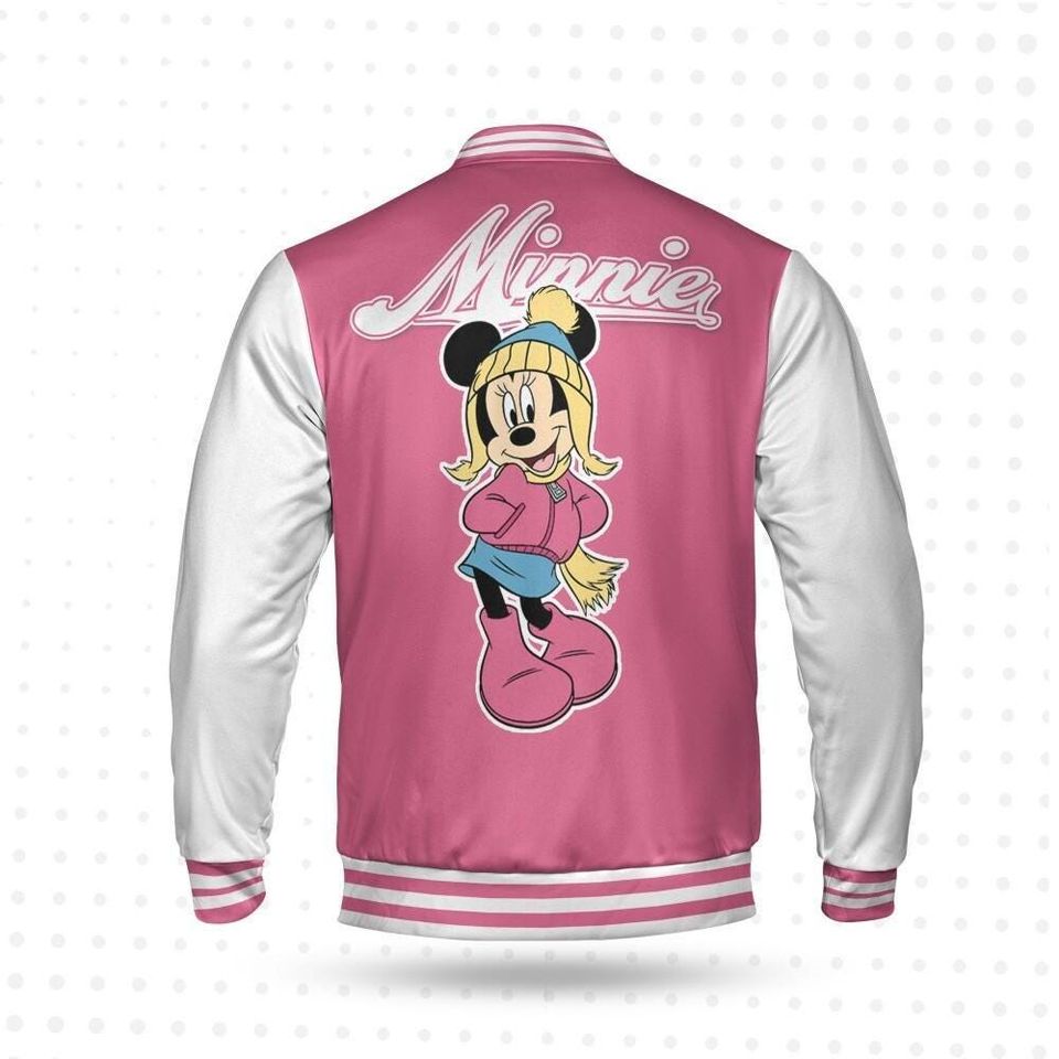 Custom Winter Minnie Basic Happy Jacket, Personalized Disney Varsity - Windproof Knit Fabric, Snap Button, Unisex Gift