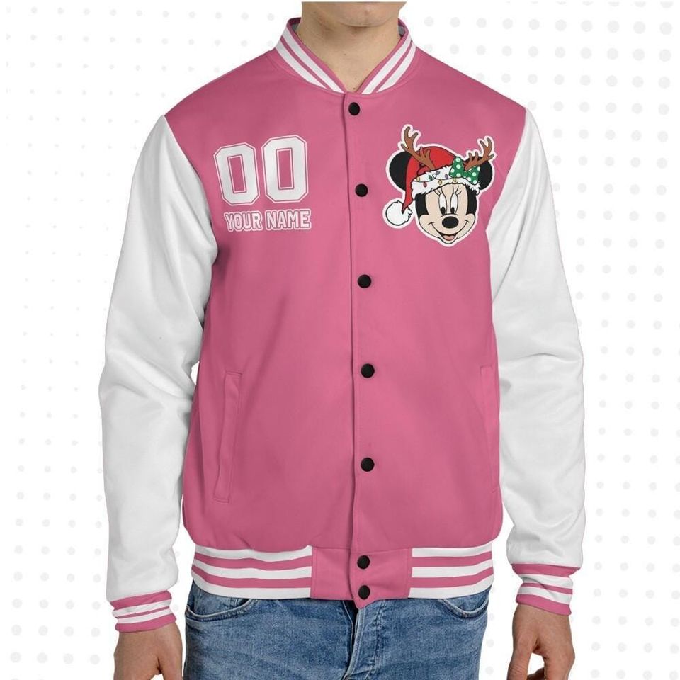 Custom Winter Minnie Basic Happy Jacket, Personalized Disney Varsity - Windproof Knit Fabric, Snap Button, Unisex Gift