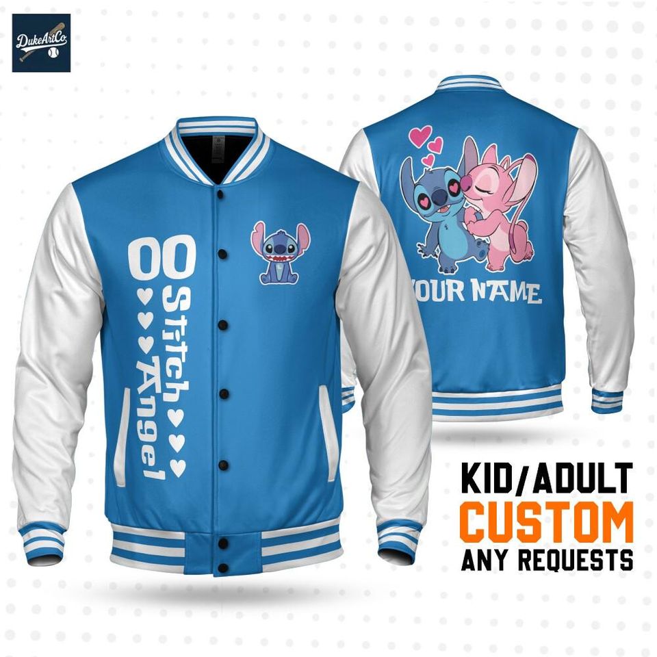 Custom Stitch Couple Blue Baseball Jacket, Personalized Disney Varsity - Windproof Knit Fabric, Snap Button, Unisex Gift