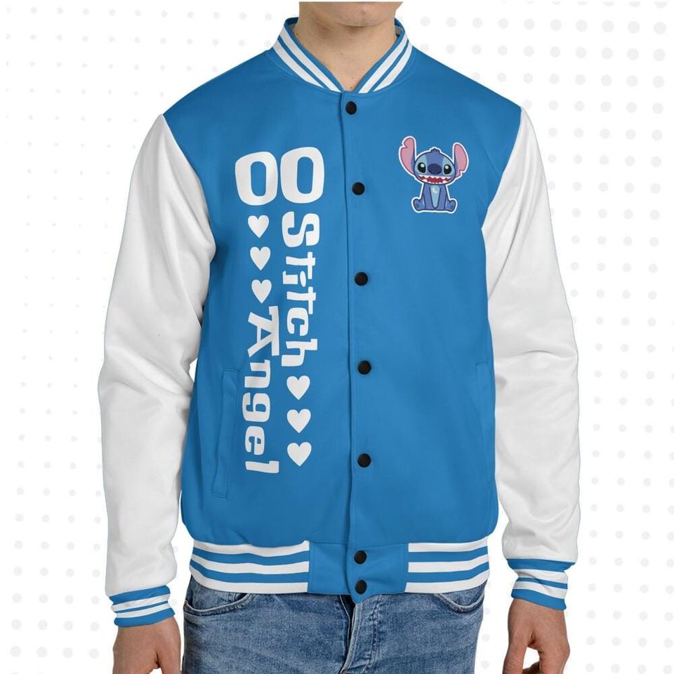 Custom Stitch Couple Blue Baseball Jacket, Personalized Disney Varsity - Windproof Knit Fabric, Snap Button, Unisex Gift