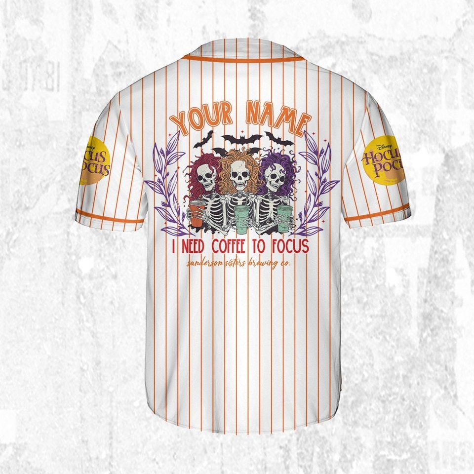 Hocus Pocus I Need To Focus Skeleton Drink Coffee Striped Orange Jersey, Disney Baseball Jersey Sports