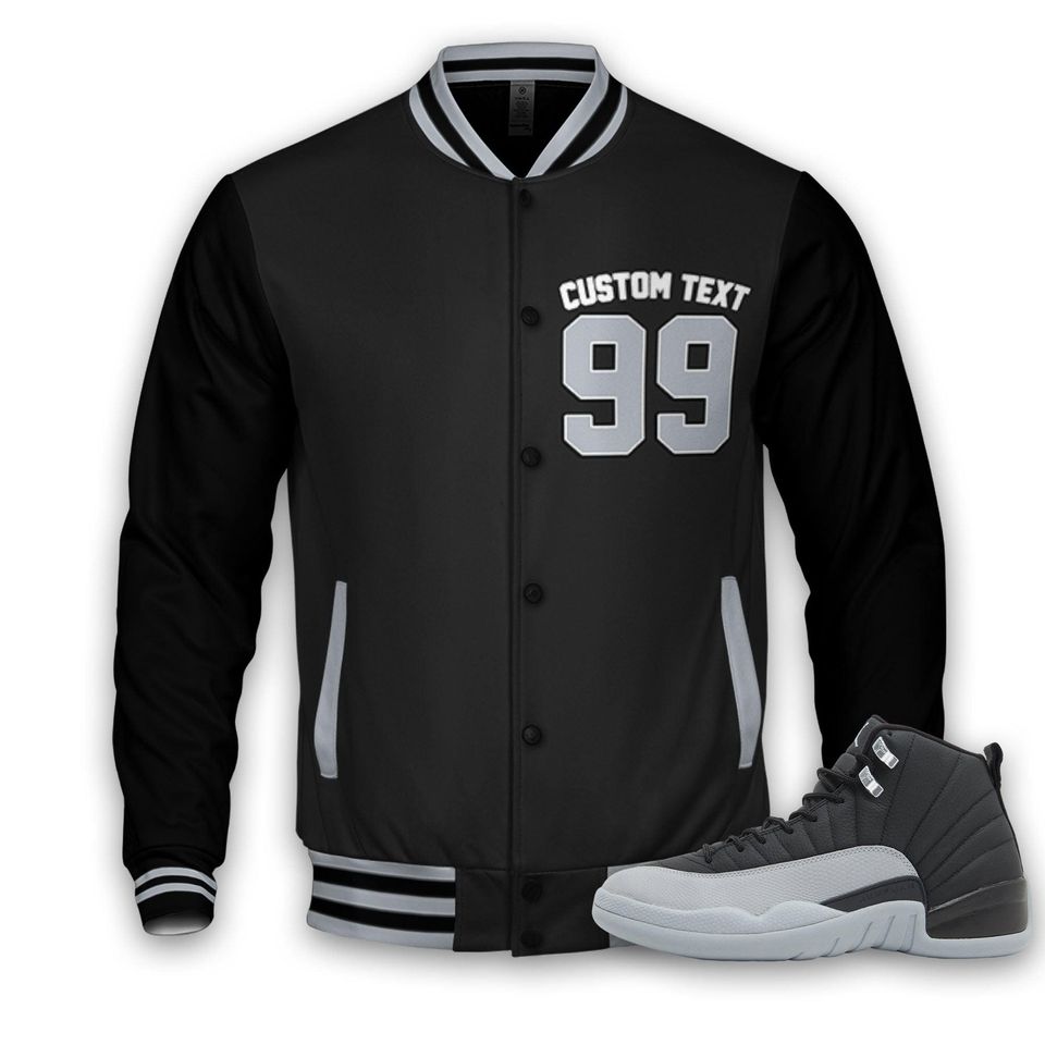 AJ 12 Wolf Grey Unisex Varsity Jacket, Pretty BERNIE Varsity Jacket, Custom Baseball Jacket