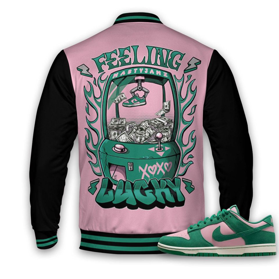 Dunk Pink Malachite Medium Soft Low Sail Unisex Varsity Jacket, Feeling Lucky Varsity Jacket, Custom Baseball Jacket