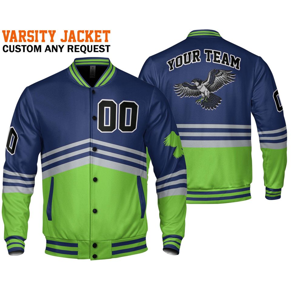 Custom Super Famous Team SS Ocean Hawk Blue and Green Baseball Jacket