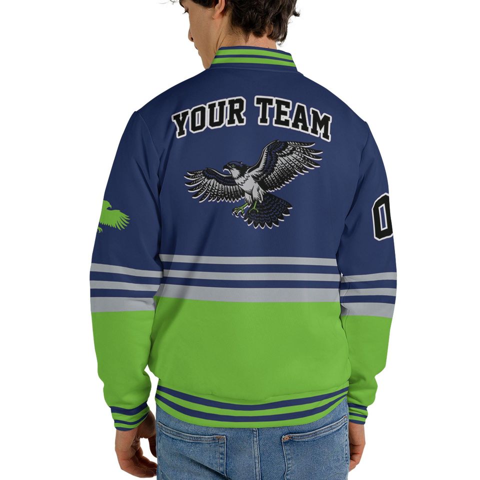 Custom Super Famous Team SS Ocean Hawk Blue and Green Baseball Jacket