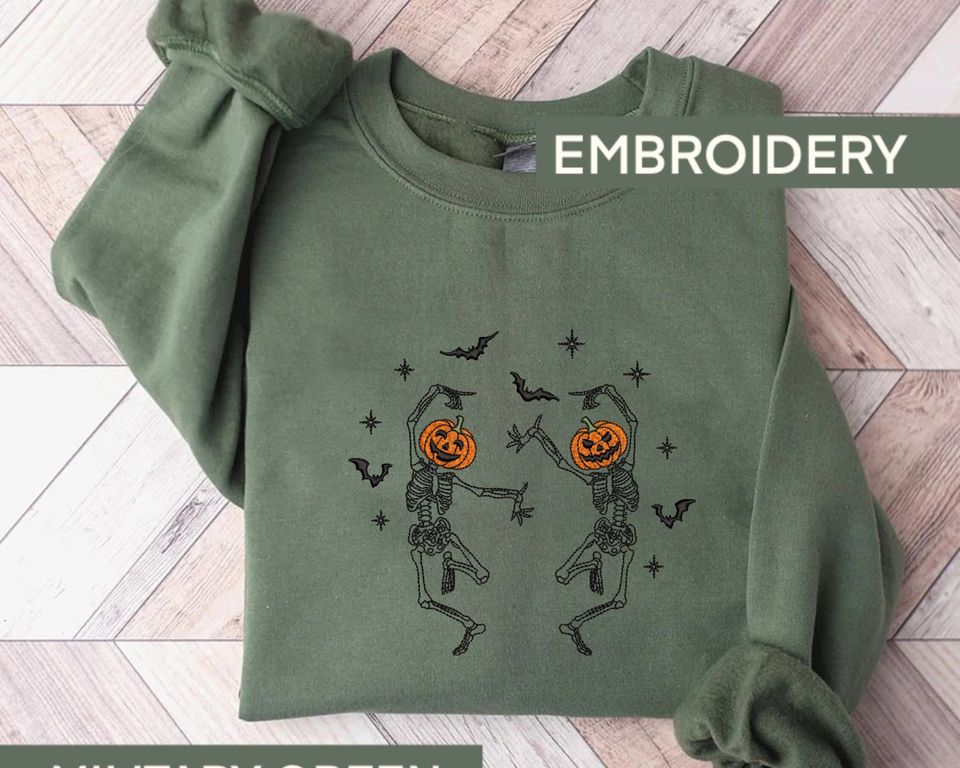 Dancing Skeleton Embroidered Sweatshirt, Spooky Season Shirt
