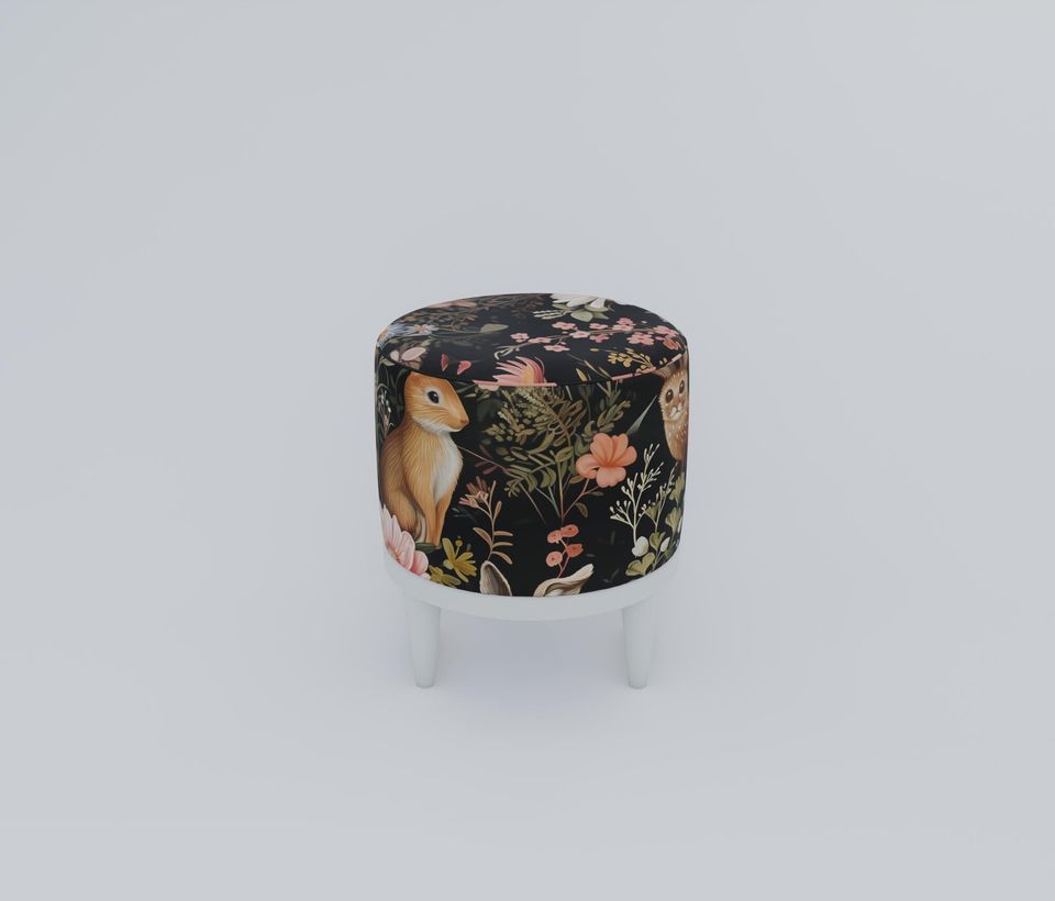 Rabbit Print Gothic Round Pouf - Modern Entryway Seat