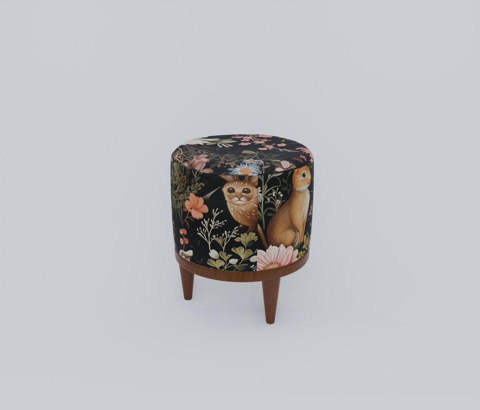 Rabbit Print Gothic Round Pouf - Modern Entryway Seat