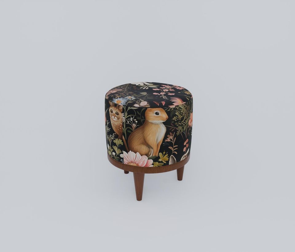 Rabbit Print Gothic Round Pouf - Modern Entryway Seat