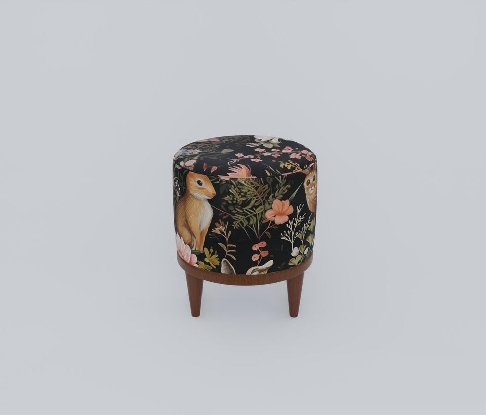 Rabbit Print Gothic Round Pouf - Modern Entryway Seat