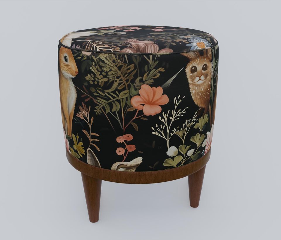Rabbit Print Gothic Round Pouf - Modern Entryway Seat