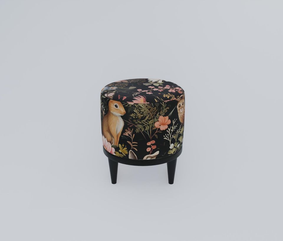 Rabbit Print Gothic Round Pouf - Modern Entryway Seat