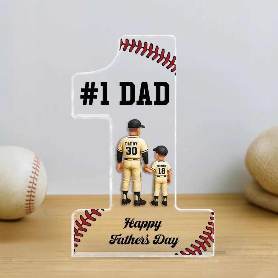 Baseball No. 1 Dad Grandpa Man & Kids Standing Personalized Acrylic Block Plaque, Father's Day Gift for Baseball Dad, Husband