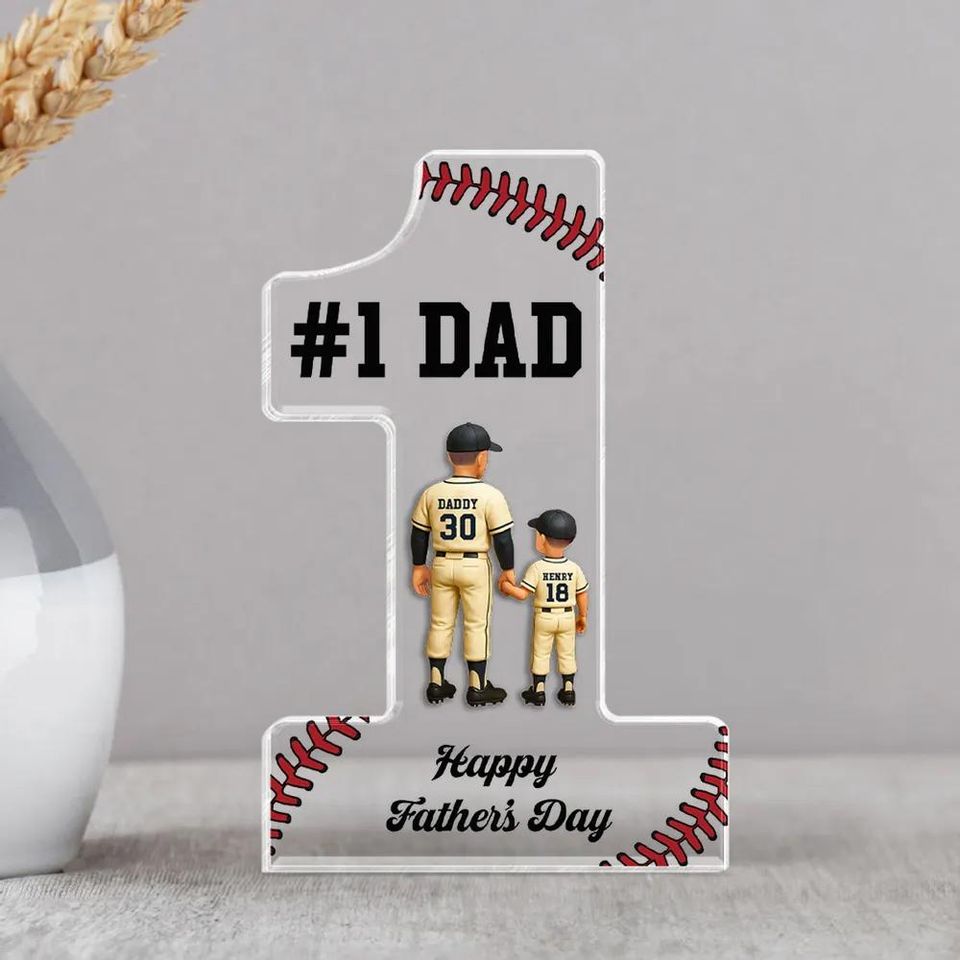 Baseball No. 1 Dad Grandpa Man & Kids Standing Personalized Acrylic Block Plaque, Father's Day Gift for Baseball Dad, Husband