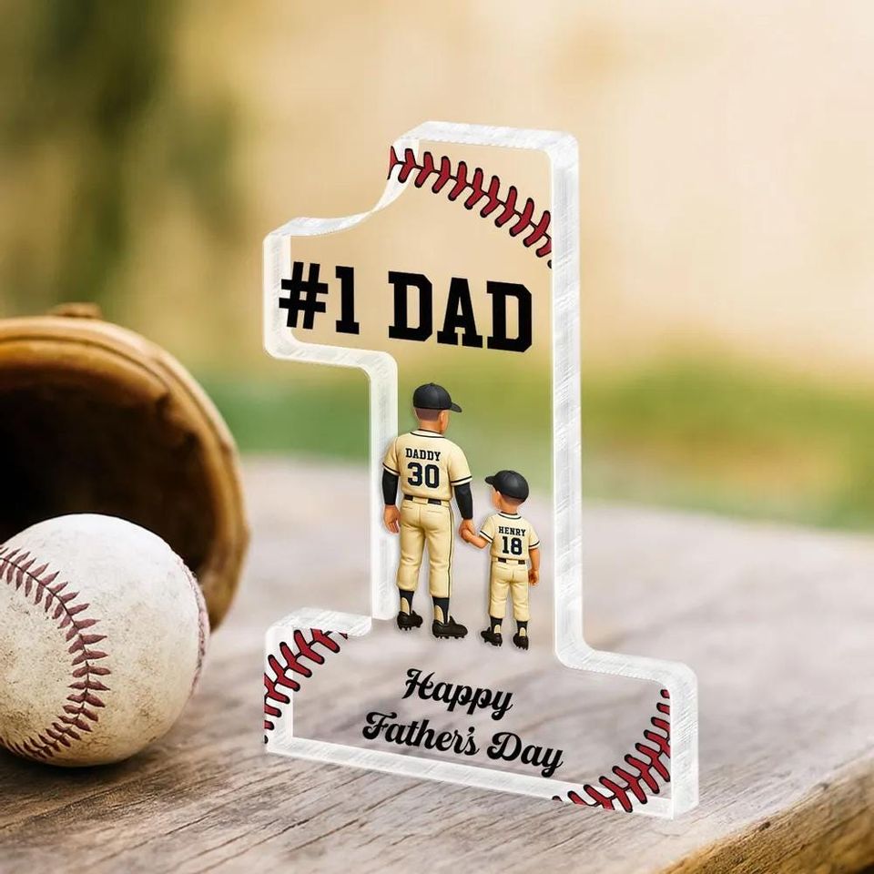 Baseball No. 1 Dad Grandpa Man & Kids Standing Personalized Acrylic Block Plaque, Father's Day Gift for Baseball Dad, Husband