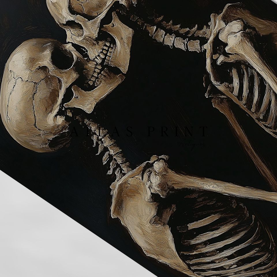 Vintage Skeleton Couple Kissing Painting, Spooky Halloween Print, Dark Academia Valentine Printable Wall Art