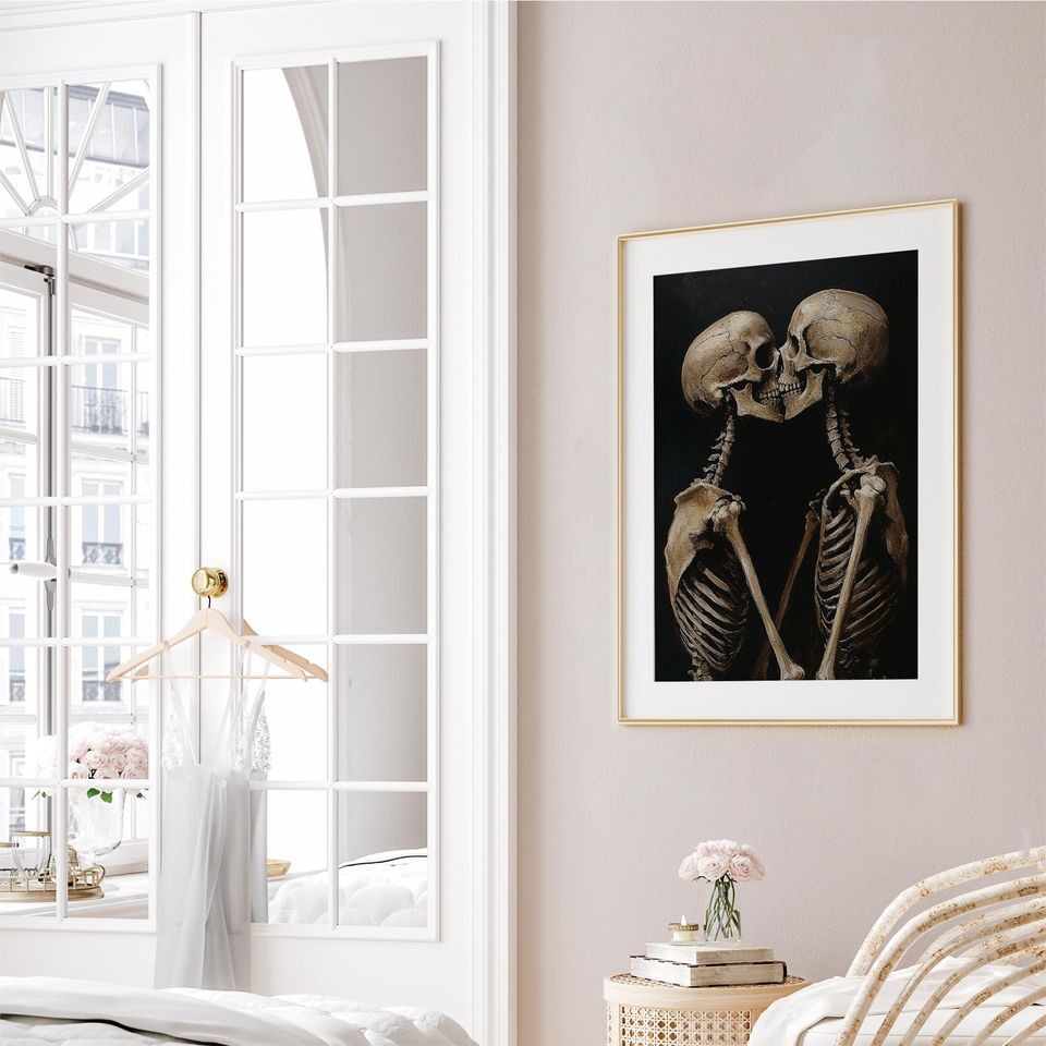 Vintage Skeleton Couple Kissing Painting, Spooky Halloween Print, Dark Academia Valentine Printable Wall Art