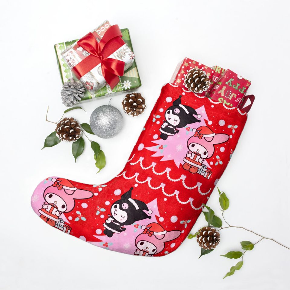 Merry Retro My Melody Kuromi Kitty Christmas Tree Stocking Twin Flame Pink Holiday Cat Gift Present