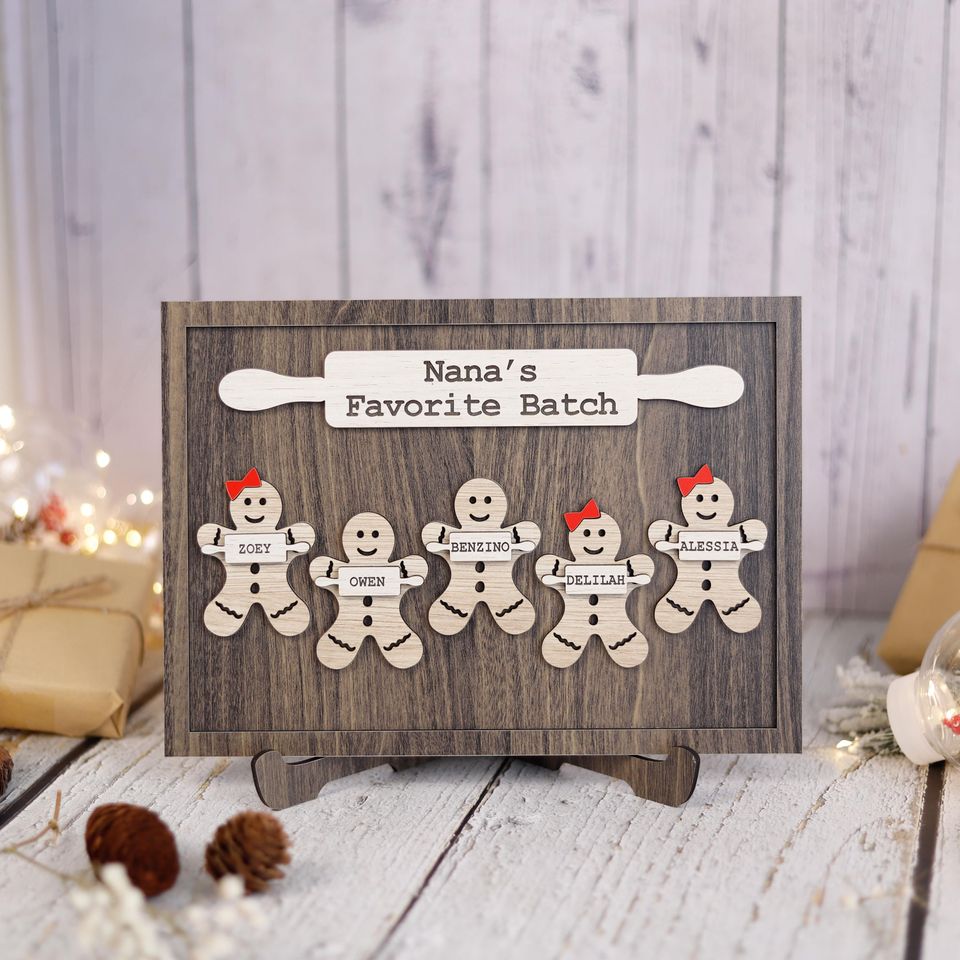 Wooden Gingerbread Family Sign Personalized Grandchildren Sign With Names, Nanas Favorite Batch Sign, Christmas Gift Idea for Grandma Plaque