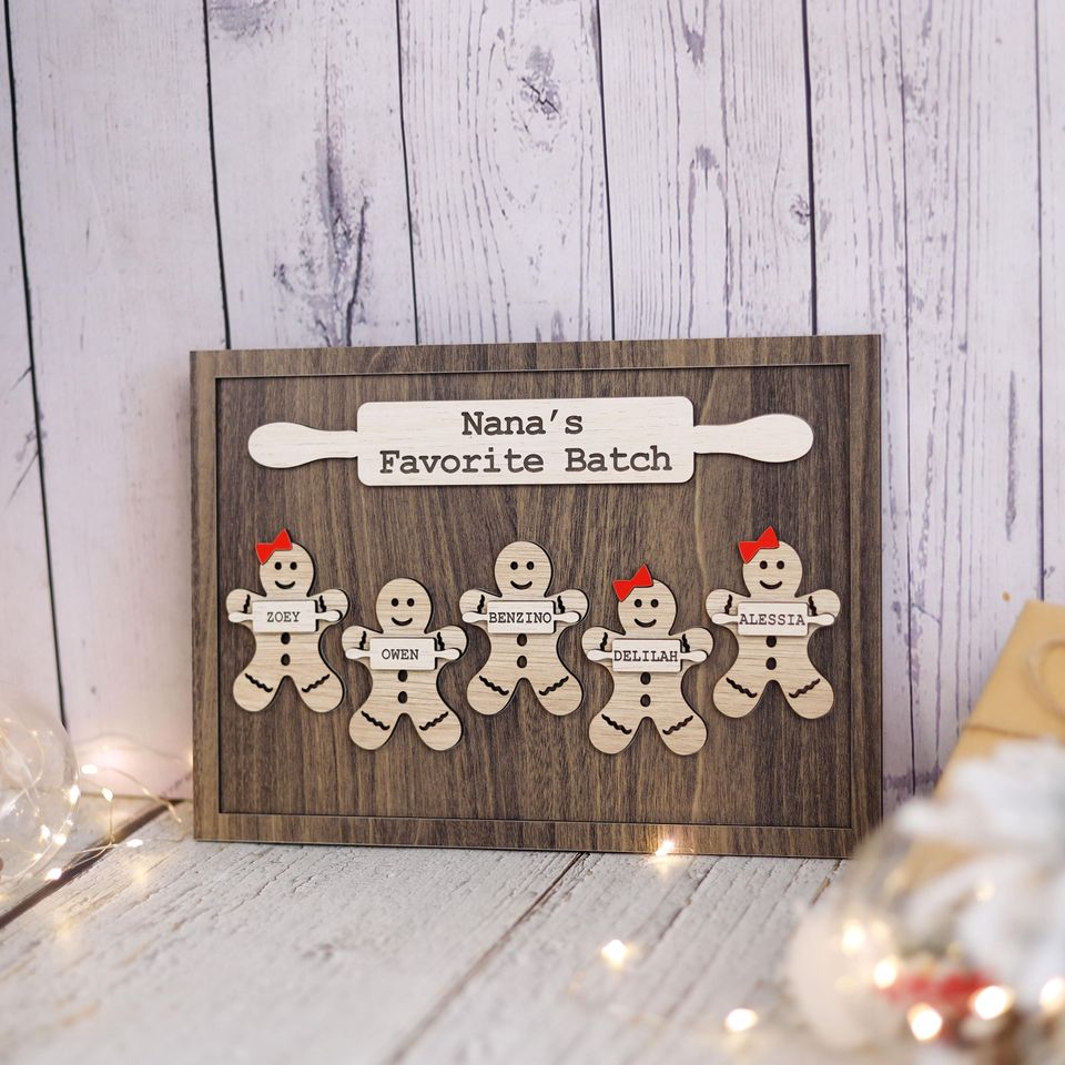 Wooden Gingerbread Family Sign Personalized Grandchildren Sign With Names, Nanas Favorite Batch Sign, Christmas Gift Idea for Grandma Plaque
