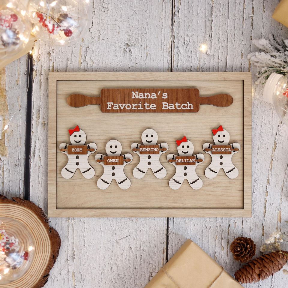 Wooden Gingerbread Family Sign Personalized Grandchildren Sign With Names, Nanas Favorite Batch Sign, Christmas Gift Idea for Grandma Plaque