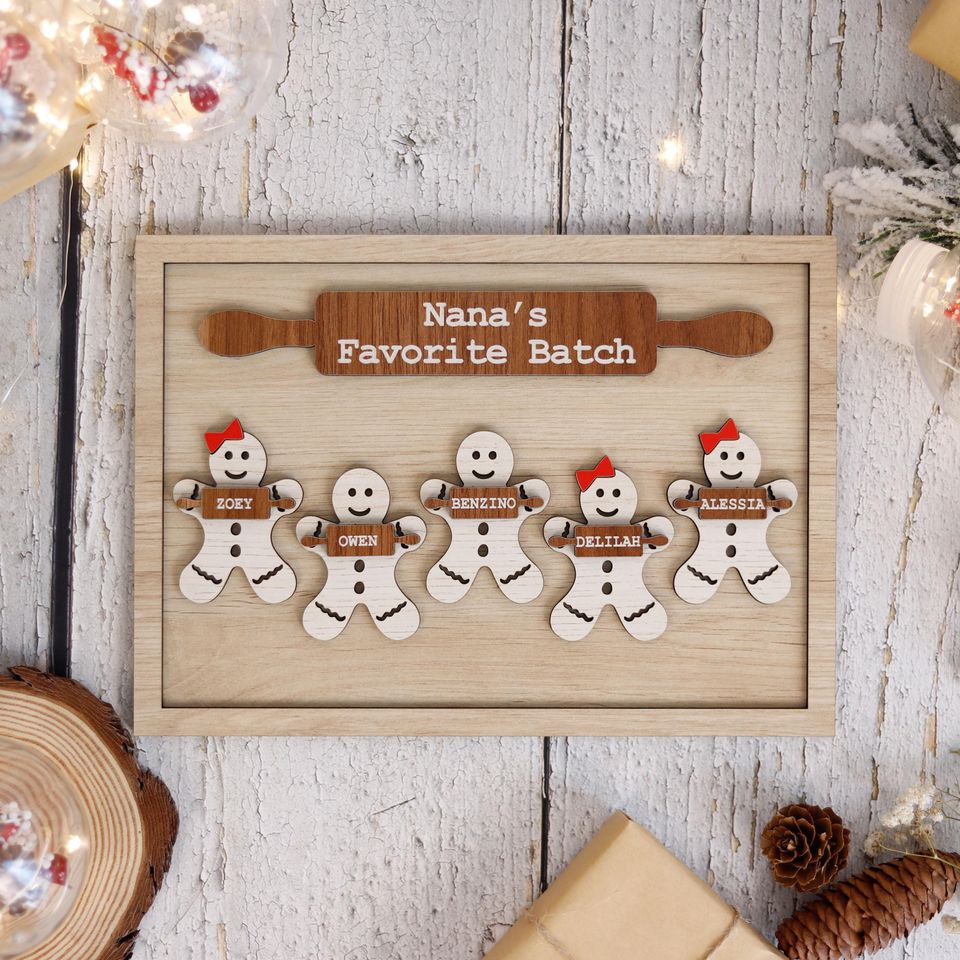 Wooden Gingerbread Family Sign Personalized Grandchildren Sign With Names, Nanas Favorite Batch Sign, Christmas Gift Idea for Grandma Plaque