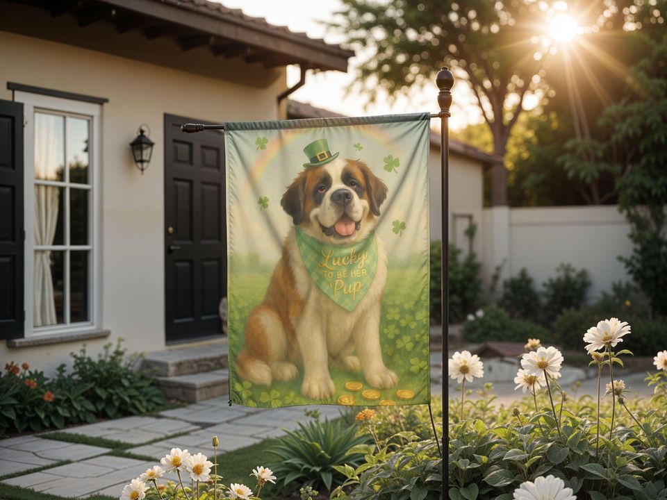 St. Bernard St. Patrick's Day Garden Flag, Lucky Dog Mom Decor