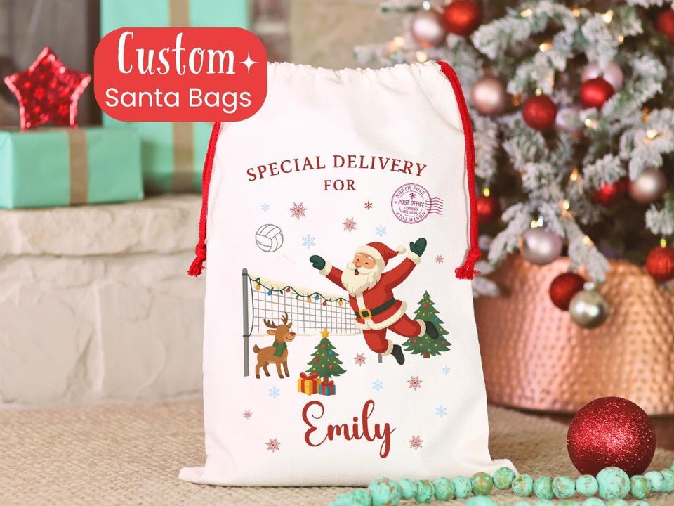 Personalized Volleyball Christmas Gift Sack, Custom Christmas Gift Bag for Volleyball Players, Volleyball Holiday Sack with Name