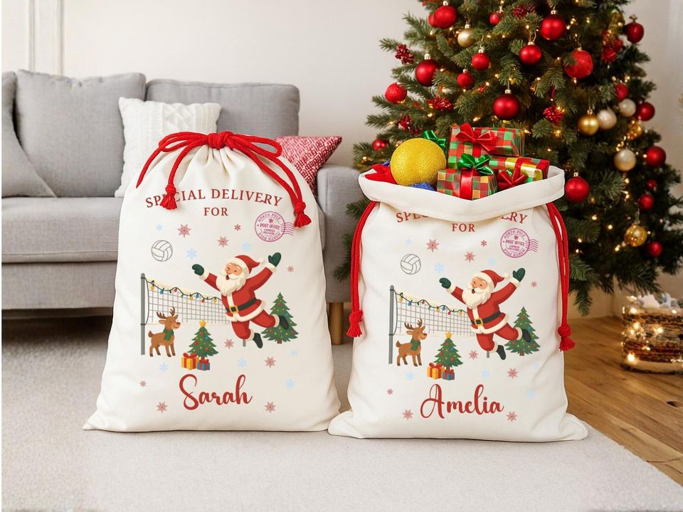 Personalized Volleyball Christmas Gift Sack, Custom Christmas Gift Bag for Volleyball Players, Volleyball Holiday Sack with Name