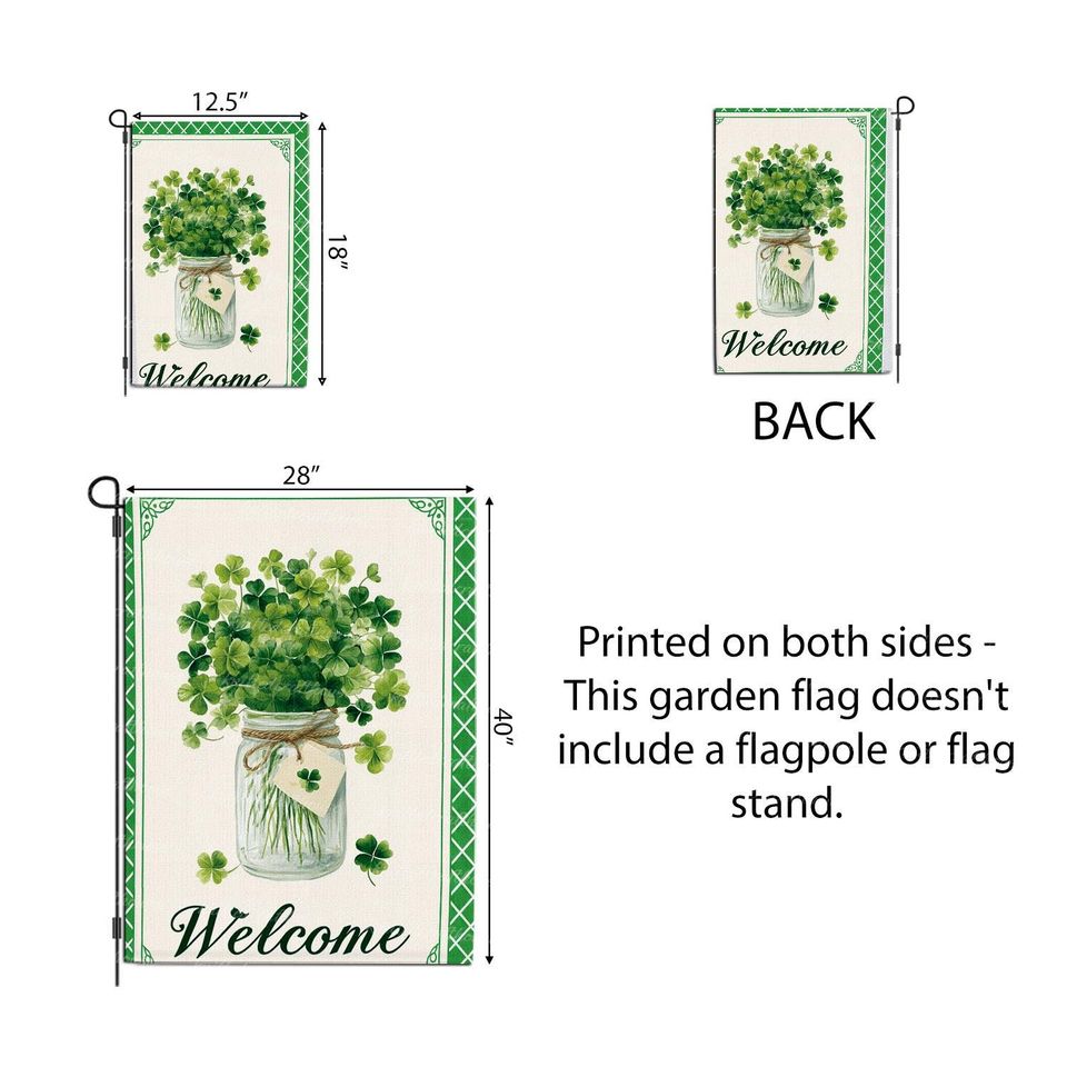 St Patricks Day Welcome Garden Flag Clover Jar Watercolor Shamrock Outdoor Yard Spring Decor