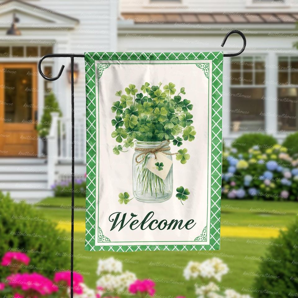 St Patricks Day Welcome Garden Flag Clover Jar Watercolor Shamrock Outdoor Yard Spring Decor