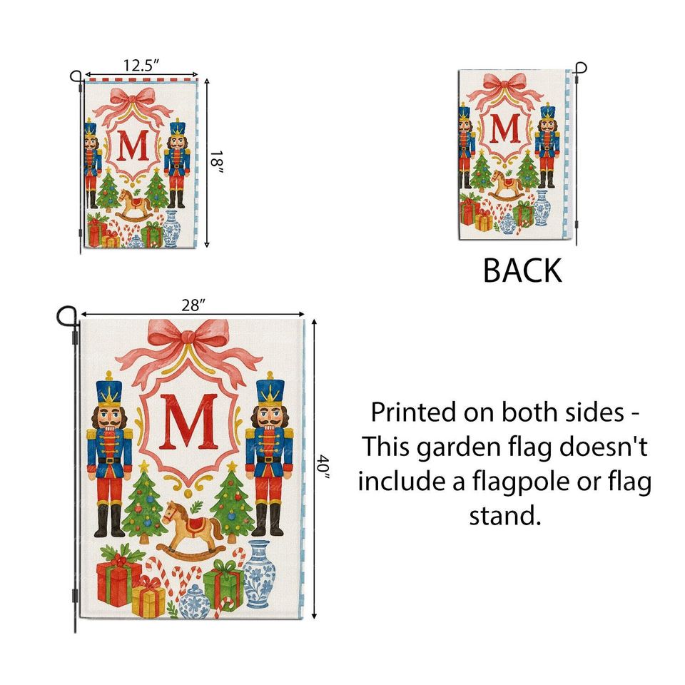 Personalized Christmas Garden Flag with Nutcrackers, Monogram Letter Holiday Yard Banner, Festive Winter Outdoor Decoration, Season Decor
