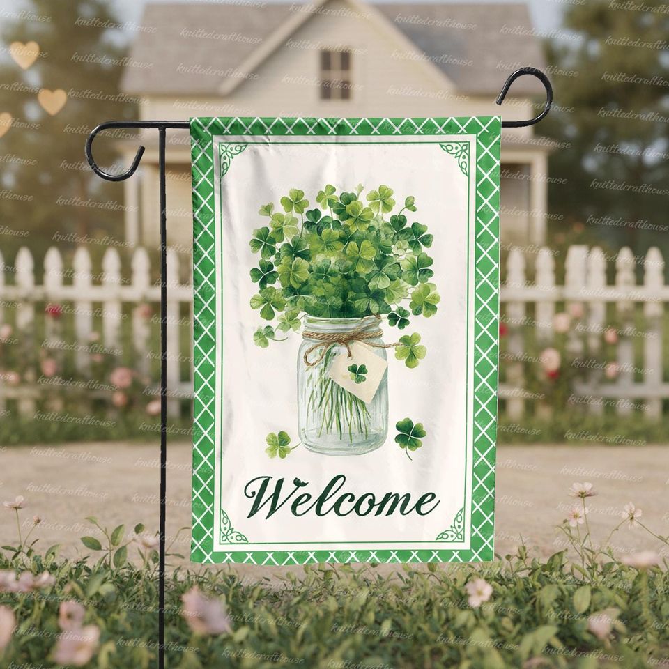 St Patricks Day Welcome Garden Flag Clover Jar Watercolor Shamrock Outdoor Yard Spring Decor