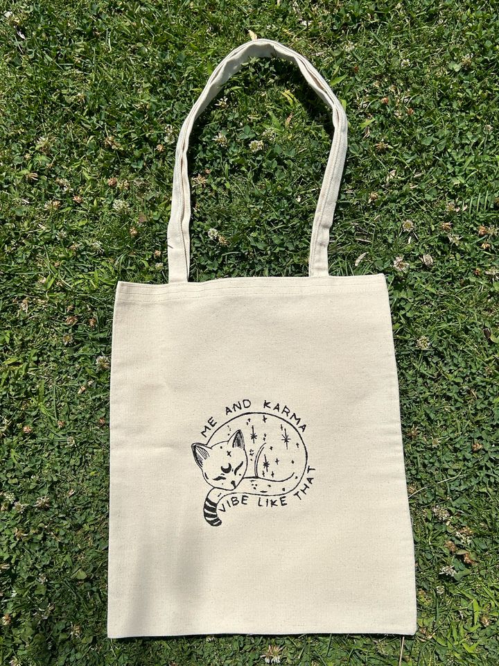 Handmade Embroidered Canvas Tote Bag: Karma Vibe Design