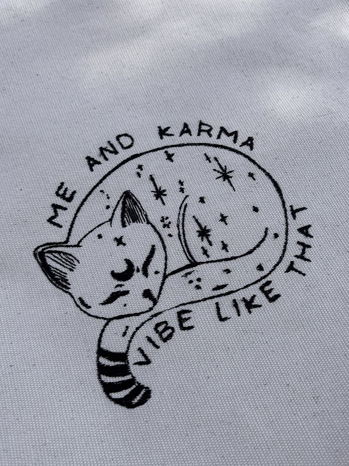 Handmade Embroidered Canvas Tote Bag: Karma Vibe Design