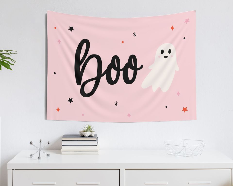 Cute Halloween Tapestry, Boo Wall Banner, Spooky Wall Art, Pink Halloween Decor