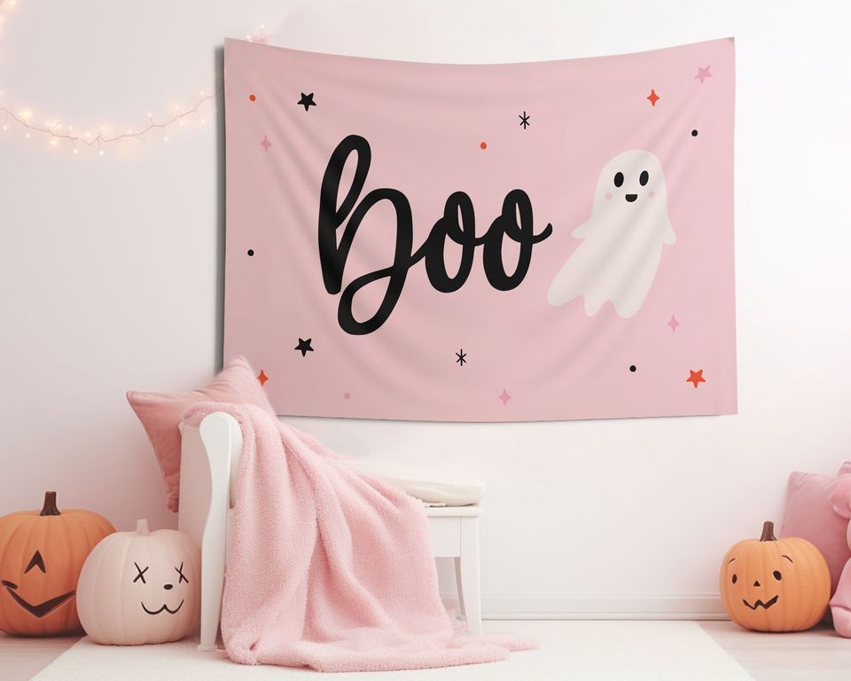 Cute Halloween Tapestry, Boo Wall Banner, Spooky Wall Art, Pink Halloween Decor