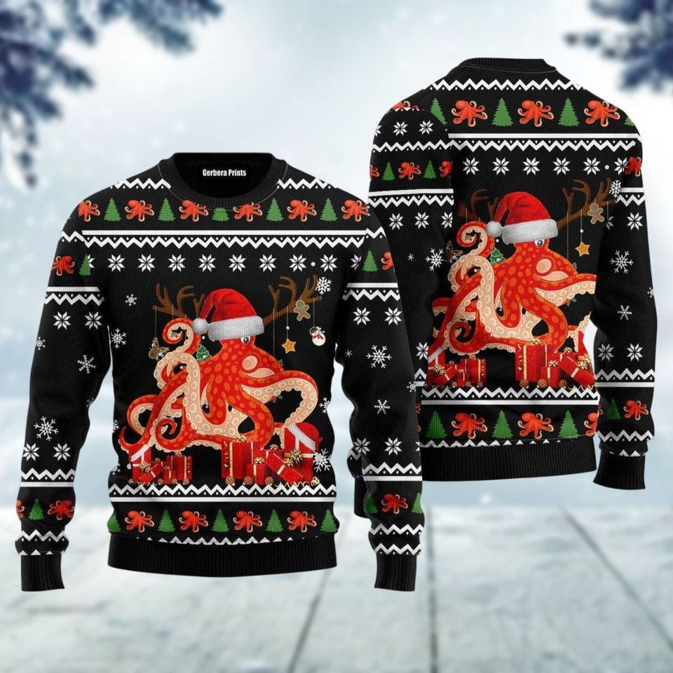 Christmas Octopus Ugly Sweater, Red Octopus Xmas Sweater, Ocean Animal Holiday Sweater, Sea Lover Ugly Sweatshirt, Christmas Gift