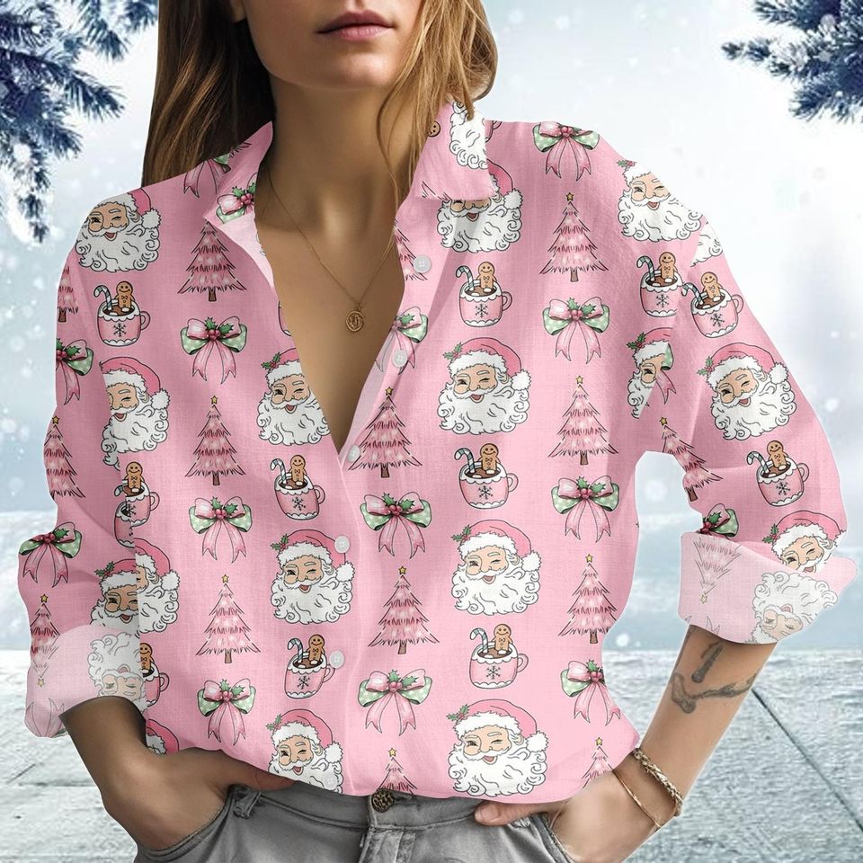 Pink Santa Christmas Blouse for Women, Holiday Tree Xmas Shirt