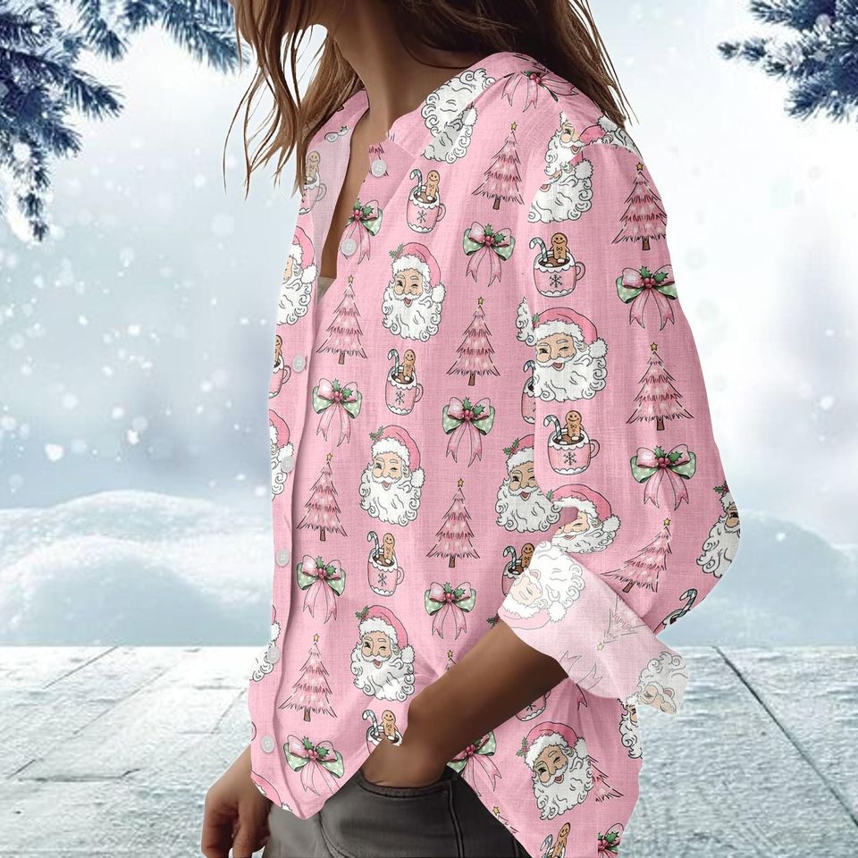 Pink Santa Christmas Blouse for Women, Holiday Tree Xmas Shirt