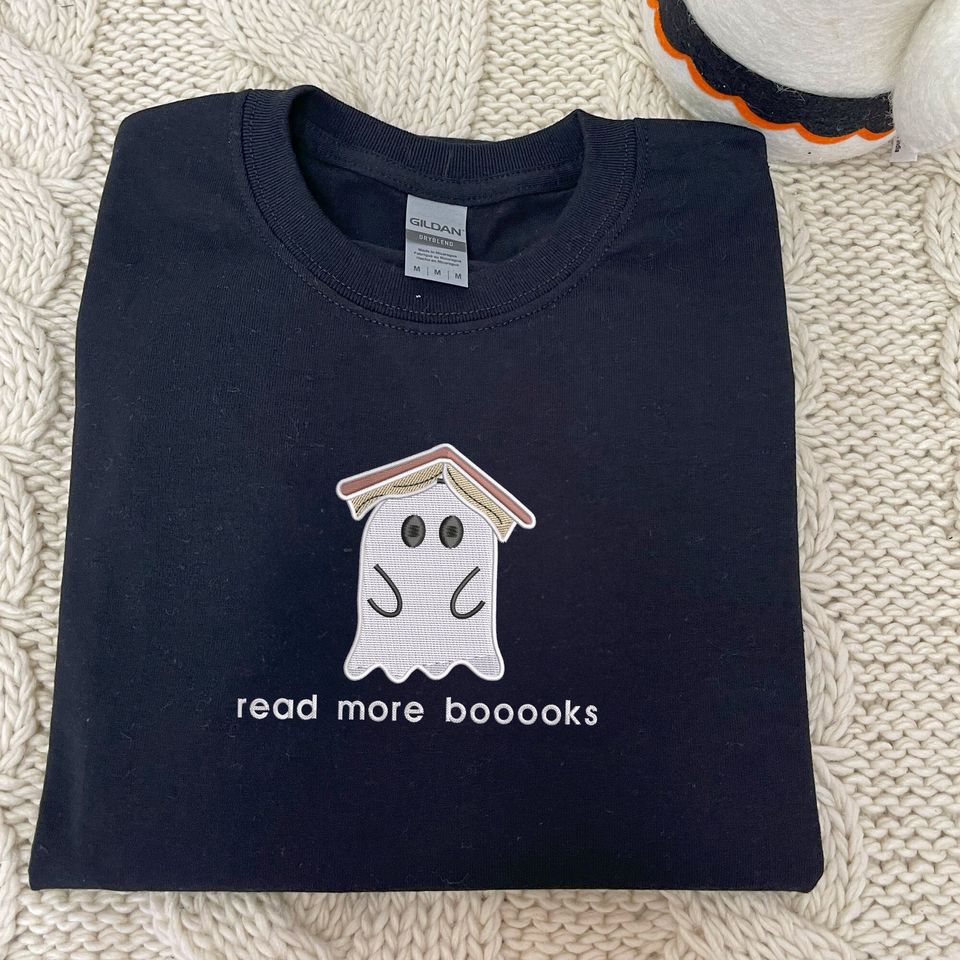Ghost Book Sweatshirt Embroidered, Read More Booooks Sweatshirt