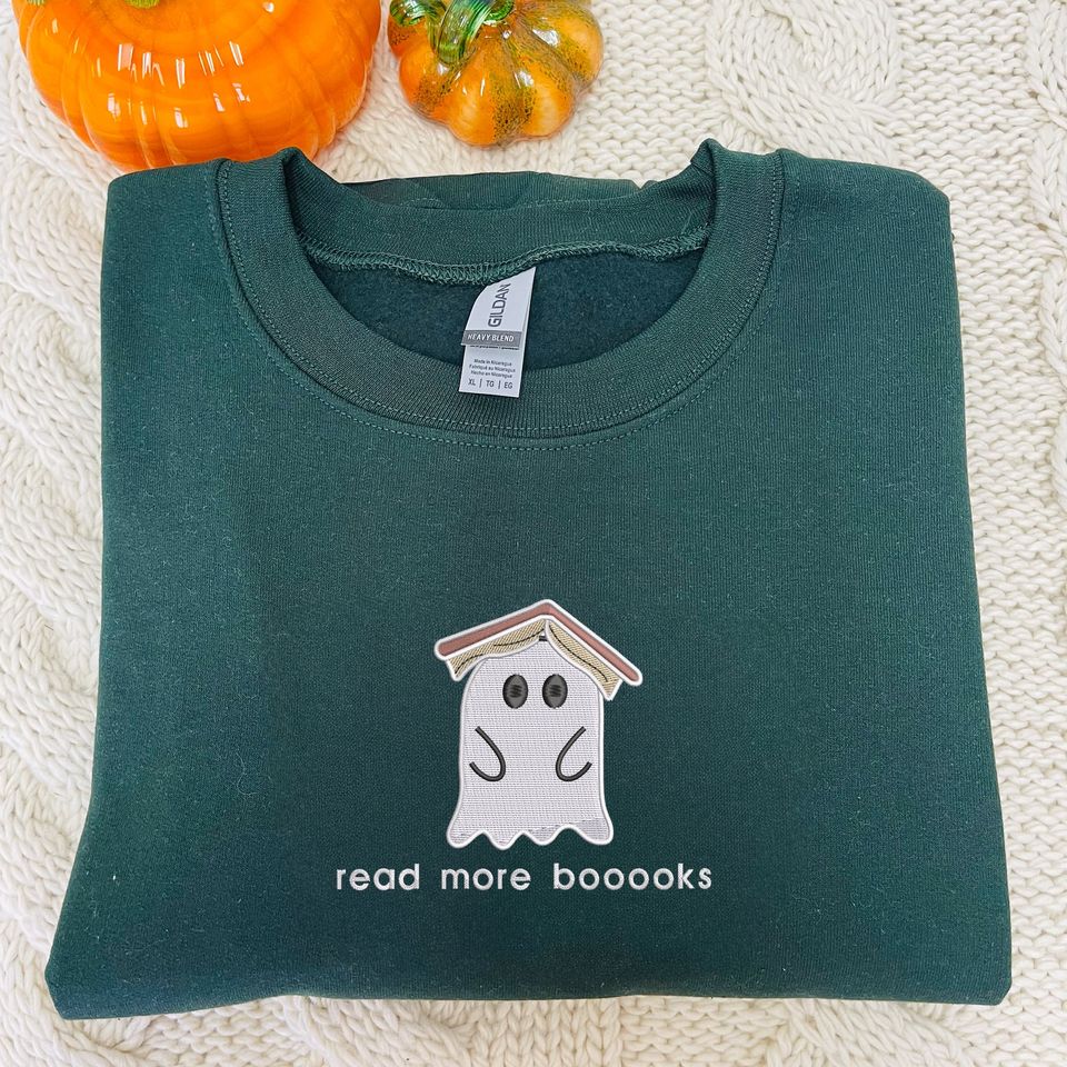 Ghost Book Sweatshirt Embroidered, Read More Booooks Sweatshirt